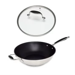 Lot Wok Inox Antiadhérent Et Couvercle Verre 30 Cm Excell'Inox